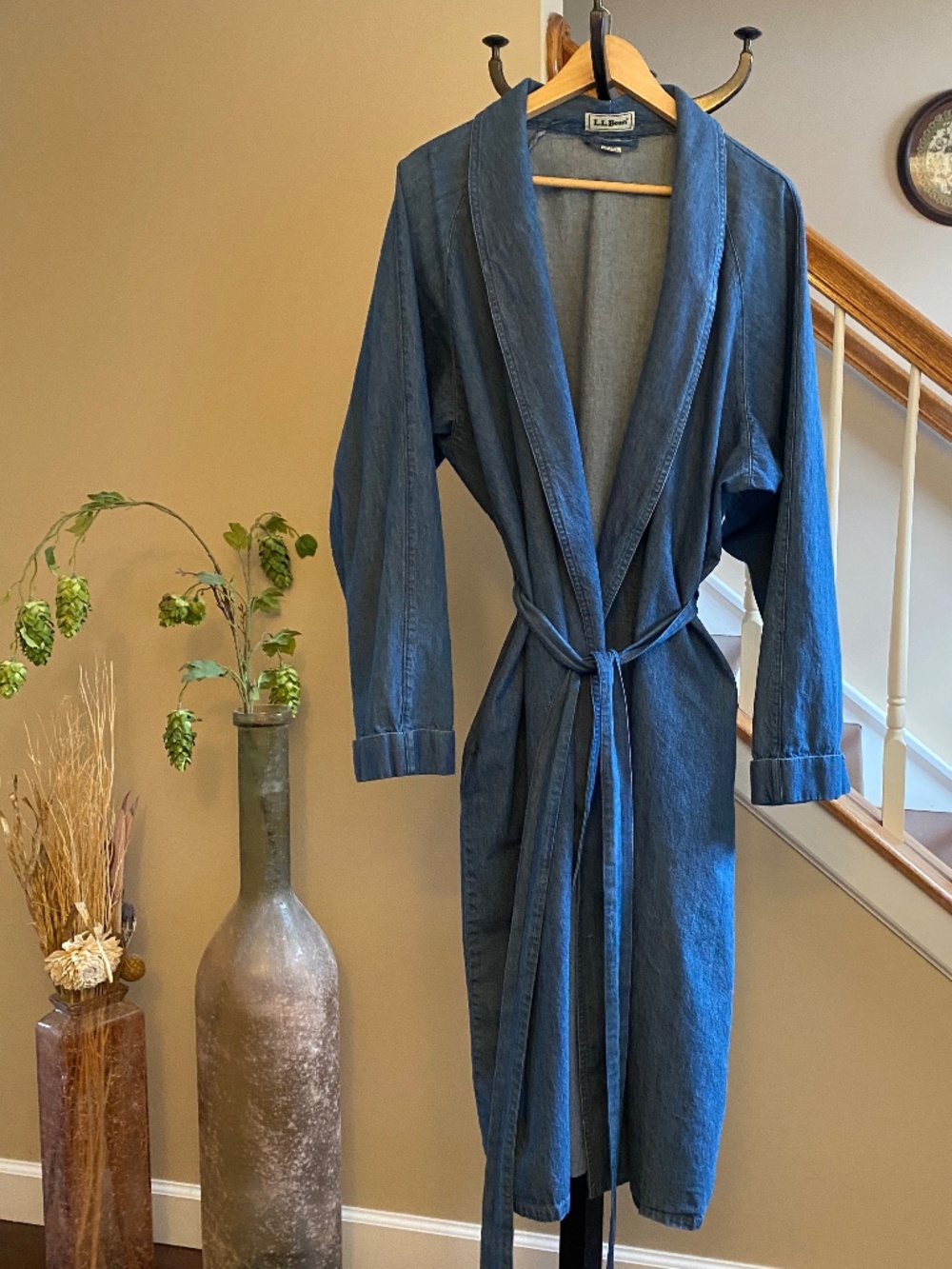 LL Bean Men's Vintage Blue Denim Wrap Duster Trench Size XL